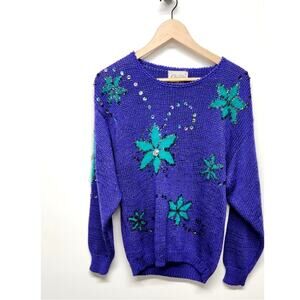 Vintage Christine Women's Knit Floral/Beaded Purple Sweater, Size M Angora Blend